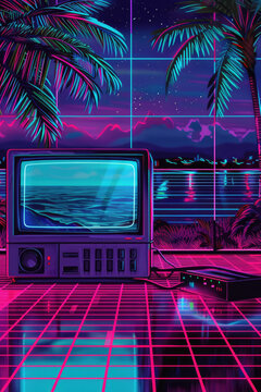 Retro television displaying sunset ocean scene with palm silhouettes and neon grid in synthwave aesthetic background