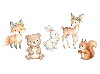 Naklejka premium Cute Watercolor Woodland Animal Clipart Set with Fox Bear Bunny Deer and Squirrel