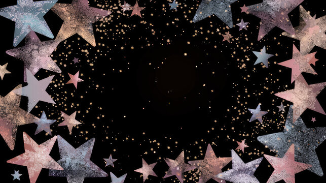 Pastel soft colored stars and confetti on dark blue background with empty space for text, festive celebration design
