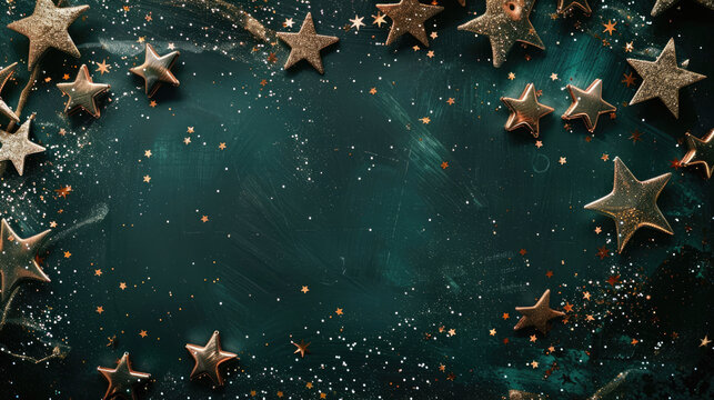 Elegant copper star decorations on dark green festive background with glitter particles and empty center space for text