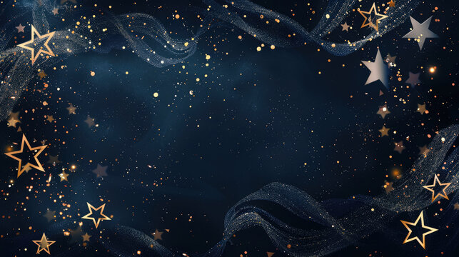 Elegant gold stars and flowing ribbons on deep navy blue background with glittering particles, luxury celebration concept