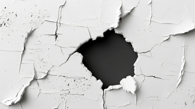 Background with damaged white plastered wall with a cracked irregular hole