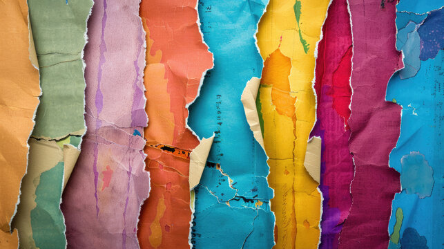 Stripes of torn colorful paper creating rainbow pattern, grunge background