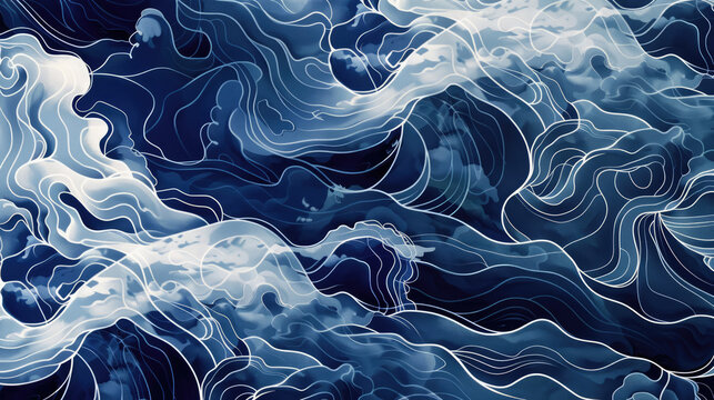 Elegant deep blue ocean waves with fine white line art detail and swirling patterns on dark navy background