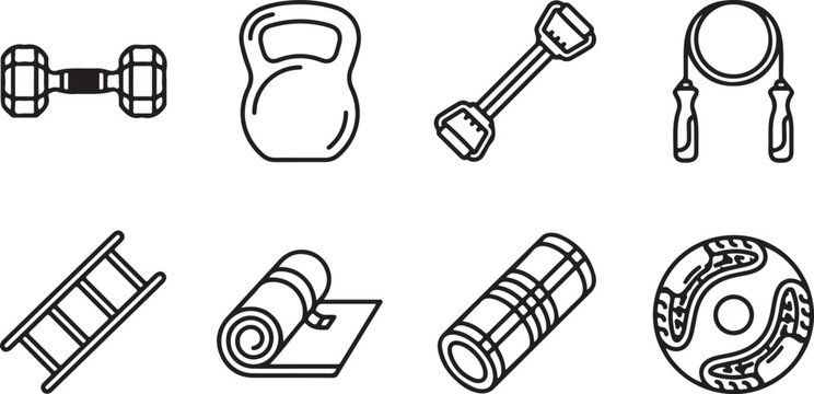 Fitness and gym equipment icons set for workout and training vector illustration isolated element.