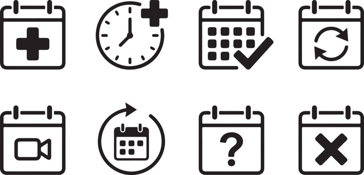 Calendar icons with medical cross clock checkmark video call refresh question mark and cancel symbols.