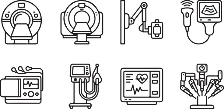 Set of medical equipment icons like MRI machine ultrasound robot arm patient monitor defibrillator and ECG machine.