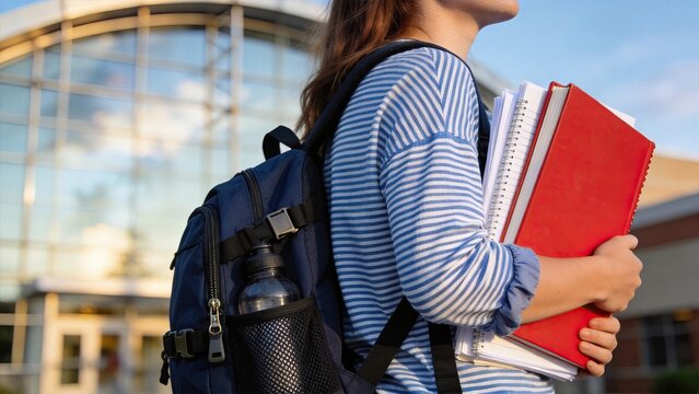 Side view of female student carrying blue backpack and holding stack of red notebooks and books walking towards modern school building campus representing education and learning