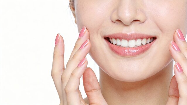 Close up portrait of smiling woman touching face, perfect white teeth and healthy skin care beauty concept with natural makeup and pink manicure for dental hygiene and cosmetic