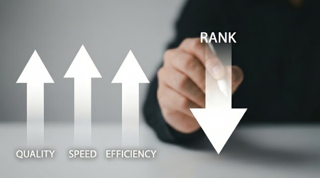 Business person analyzing performance metrics like quality, speed, and efficiency to improve ranking and achieve success