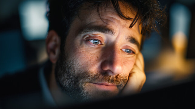 Exhausted man staring at a computer screen late at night. Digital fatigue, burnout, stress, overtime work, mental health, technology addiction and remote work concept.