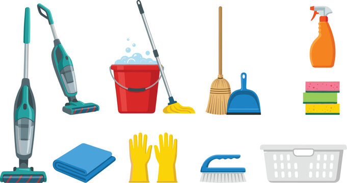 Cleaning tools vector collection featuring household supplies like vacuum cleaners mop bucket broom dustpan rubber gloves sponge spray and basket isolated on white background