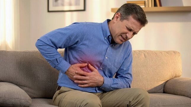 Adult man experiencing acute abdominal pain, suffering from a gallbladder disease symptom, digestive system discomfort, medical health issue at home