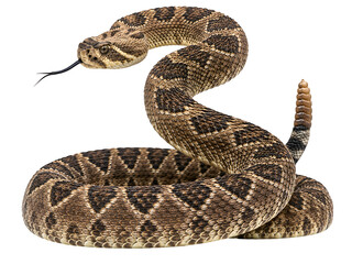 Naklejka premium Rattlesnake in striking pose, venomous pit viper snake, coiled diamondback reptile isolated on Transparent Background