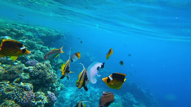 coral fish eat jellyfish in the sea