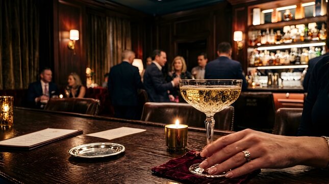 Champagne flute on bar counter in dimly lit lounge with blurred people background champagne celebration nightlife drinking