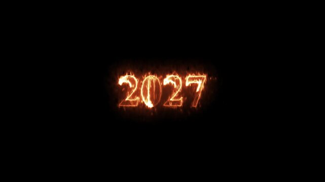 Fiery numbers 2027 burn with intense orange flames on a dark black background loop.