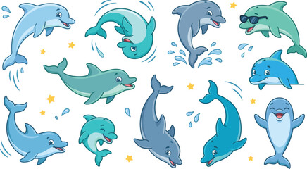 Cute cartoon dolphin character set featuring happy aquatic animals jumping swimming splashing wearing sunglasses and smiling isolated on white background background © MdJaynal