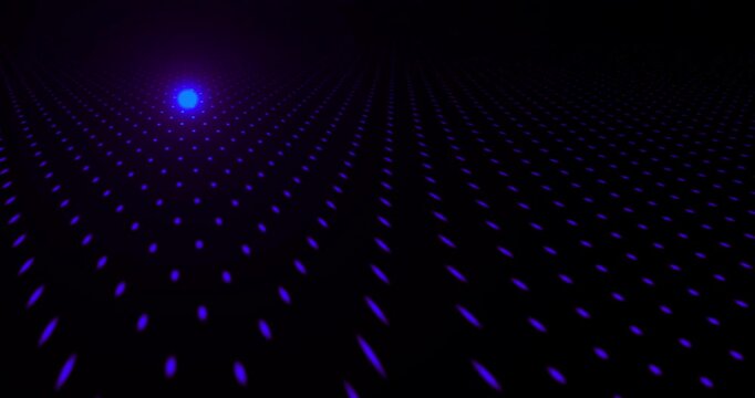 Abstract digital background with a glowing red sphere moving through a field of yellow light particles, futuristic data visualization and technology concept.