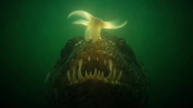 Scary deep sea anglerfish monster with glowing lure in dark green water.