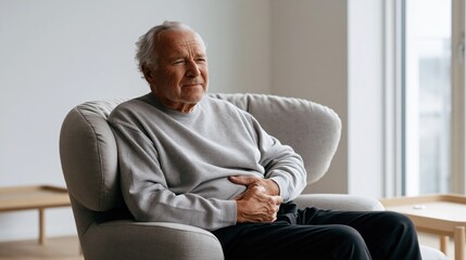 Fototapeta premium Senior man with abdominal pain sitting in armchair at home. Older patient holding stomach with digestive discomfort, acid reflux symptoms and healthcare concern
