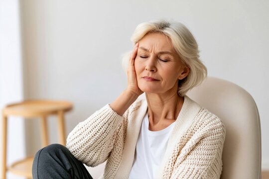 Senior woman with neck pain sitting at home. Older patient suffering from cervical stiffness, muscle tension and chronic discomfort