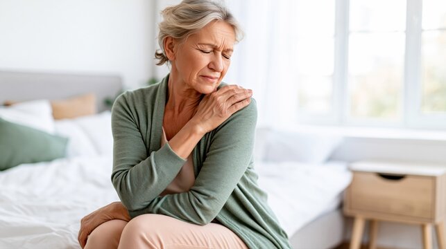 Senior woman with shoulder pain sitting on bed. Older patient holding painful shoulder with joint stiffness, arthritis discomfort and morning body tension