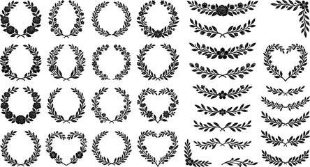 Black silhouette floral laurel wreath vector set featuring isolated botanical laurels heart frames dividers and decorative wedding text border elements © MASUD