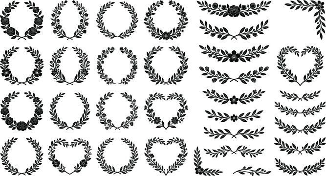 Black silhouette floral laurel wreath vector set featuring isolated botanical laurels heart frames dividers and decorative wedding text border elements
