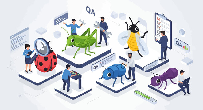 Quality assurance engineers testing software bugs represented as insects.
