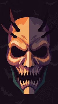 Split-Faced Skull Illustration with Dark, Ominous Tones and Horned, Menacing Expression.