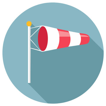 Red and white striped windsock icon blowing in the wind flat design illustration