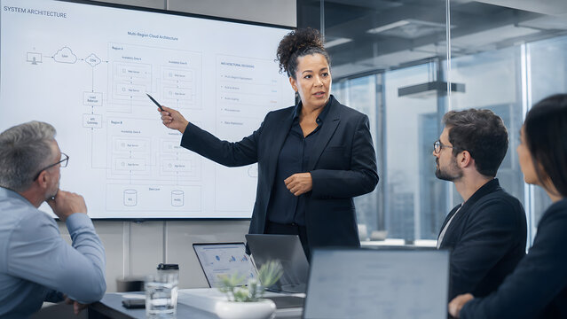 Woman CTO leading critical system architecture decision for organization