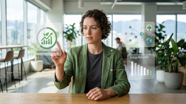 Woman interacting with holographic sustainability interface showing green energy reduction charts, eco-friendly business concept in bright office.
