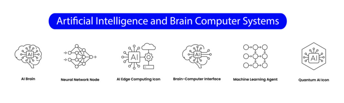 Artificial Intelligence and Brain Computer Systems. Icons included: Neural Network Node, AI Brain, Brain-Computer Interface, Machine Learning Agent, Quantum AI Icon, AI Edge Computing Icon.