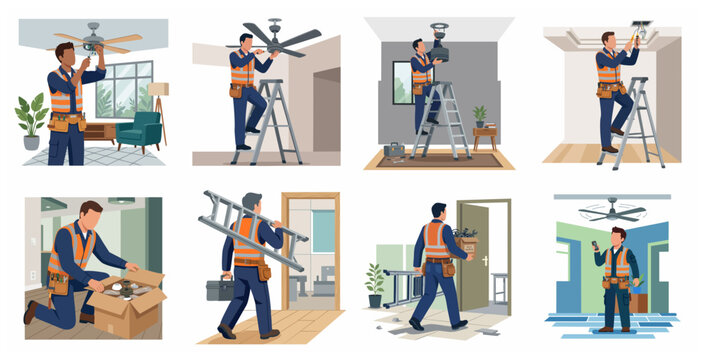 Electrician technician characters set installing and repairing ceiling fans in home interior flat vector illustration