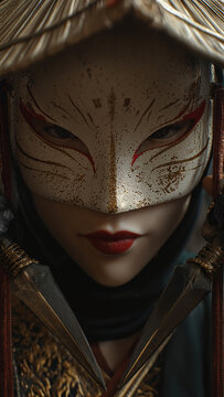Portrait of a Mysterious Assassin Woman Wearing a Japanese Kitsune Fox Mask