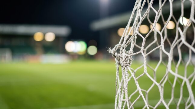 Close up of white soccer goal net with knotted mesh in foreground green field and blurred stadium lights at night