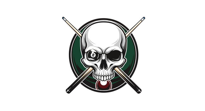 Skull with 8 Ball Eye and Crossed Cues - Billiards Game Symbol