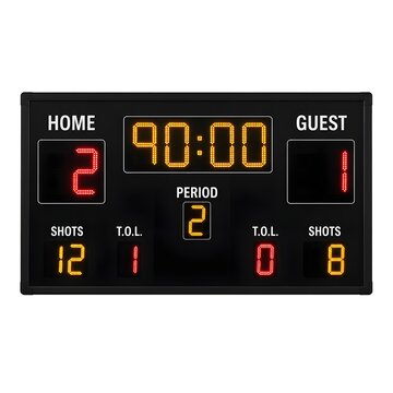 Sports scoreboard displaying game time and statistics electronic display