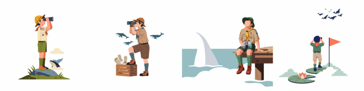 Set of illustrations featuring a young boy scout exploring the outdoors, watching whales with binoculars, and embarking on imaginative adventures.