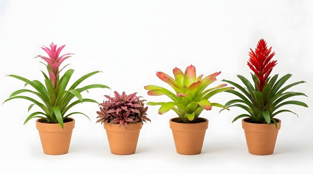 Four bromeliad plants in terracotta pots isolated on white background