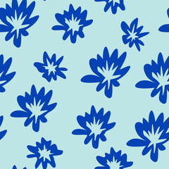 Fototapeta premium A simple seamless pattern featuring hand-drawn stylized blue flowers on a pale blue background. Suitable for printing on fabrics, textiles, wallpaper, covers, and packaging.