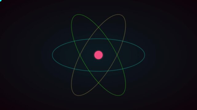 Minimalist atom model animation with rotating orbital rings on dark animation background