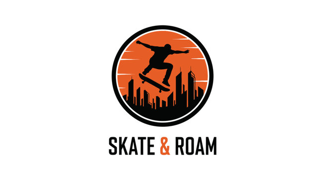 Skateboarder silhouette jumping over city skyline at sunset, graphic logo design