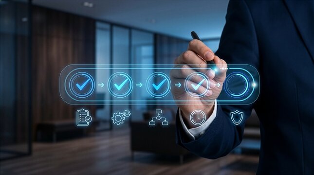 progress tracking workflow checklist with task completion steps and digital interface using stylus on business dashboard for productivity improvement time. new 