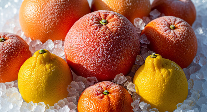 Chilled Ruby red grapefruits, tangerines and meyer lemons on Crushed Ice Bed - Golden Triangle