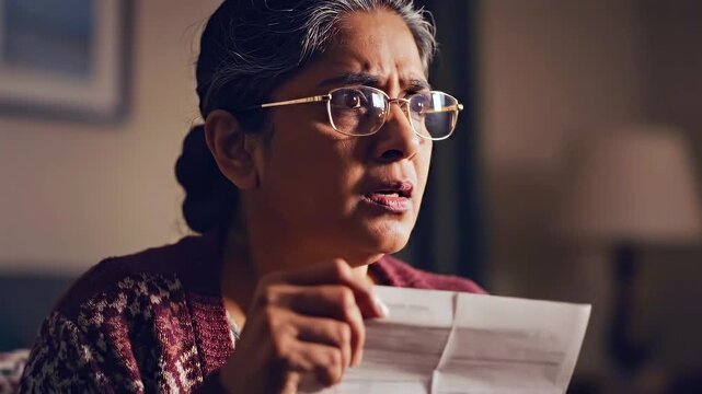 South Asian woman reading notice close-up at home during utility bill review, immigration document denial, household debt stress, financial anxiety, residence permit concern, and personal crisis