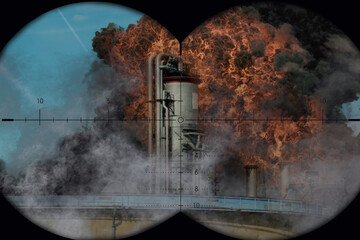 Massive fire at industrial facility observed through optical surveillance scope. © Anelo