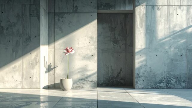 Interior scene of a concrete room with natural light and a single flower in a vase